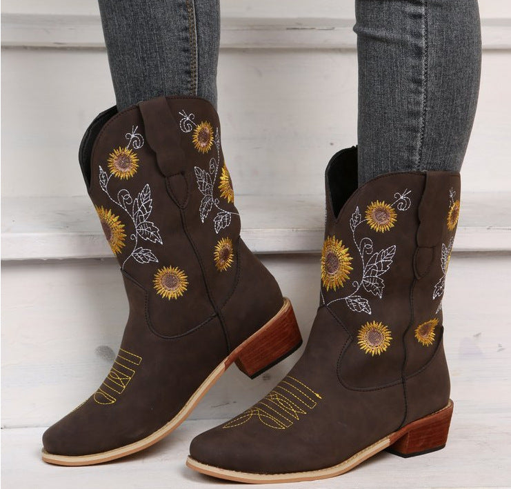 Bottes de cowboy pour femmes avec design floral brodé et robuste talon bloc Chic und Stil