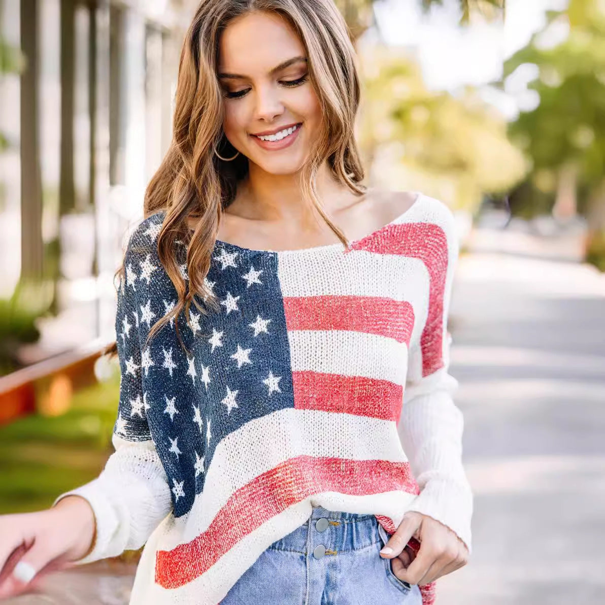 Pull en tricot pour femmes avec motif de drapeau patriotique Chic und Stil