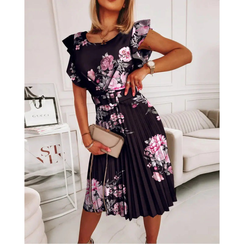 Robe midi femme avec plis et accent floral ainsi que ceinture cintrée Chic und Stil