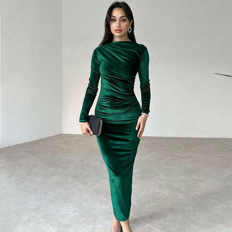Women Elegant Long Dress with Long Sleeves and Ruched Design Chic and Style