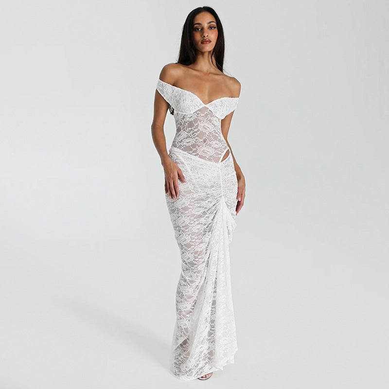 Femmes Robe maxi élégante en dentelle avec design sans épaules et détails à volants Chic und Stil
