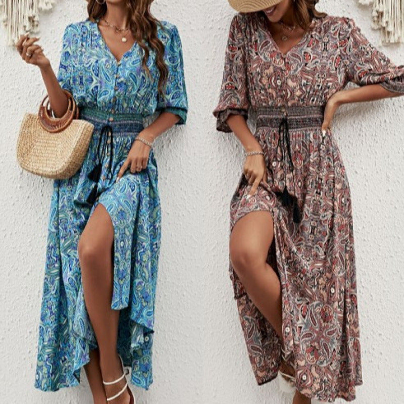 Dames Élégant Bouton-Up Maxi Robe avec Fente Latérale et Taille à Cordon Chic und Stil
