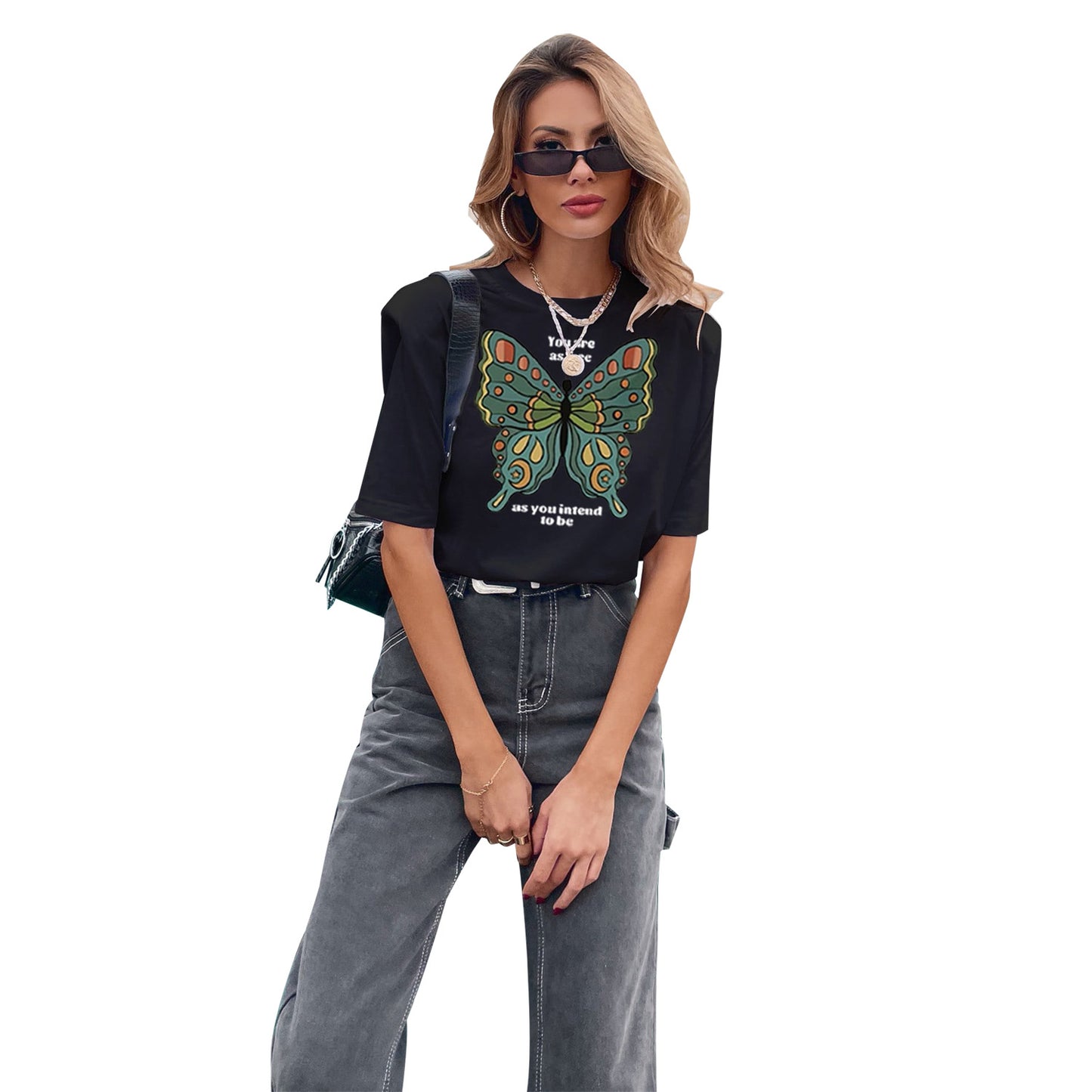 T-shirt surdimensionné pour femmes avec impression colorée de papillons et inscription inspirante Chic und Stil