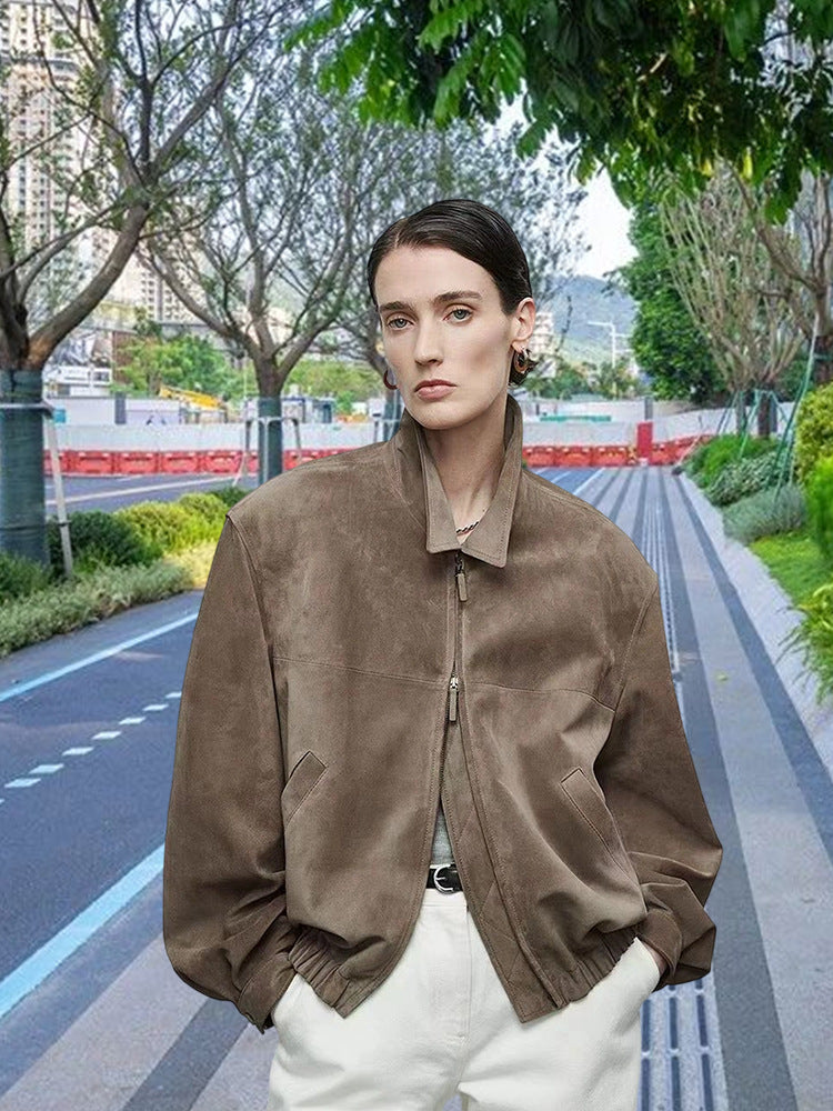 Ladies Luxurious Suede Jacket with Elastic Belt and Casual Cut Chic and Style
