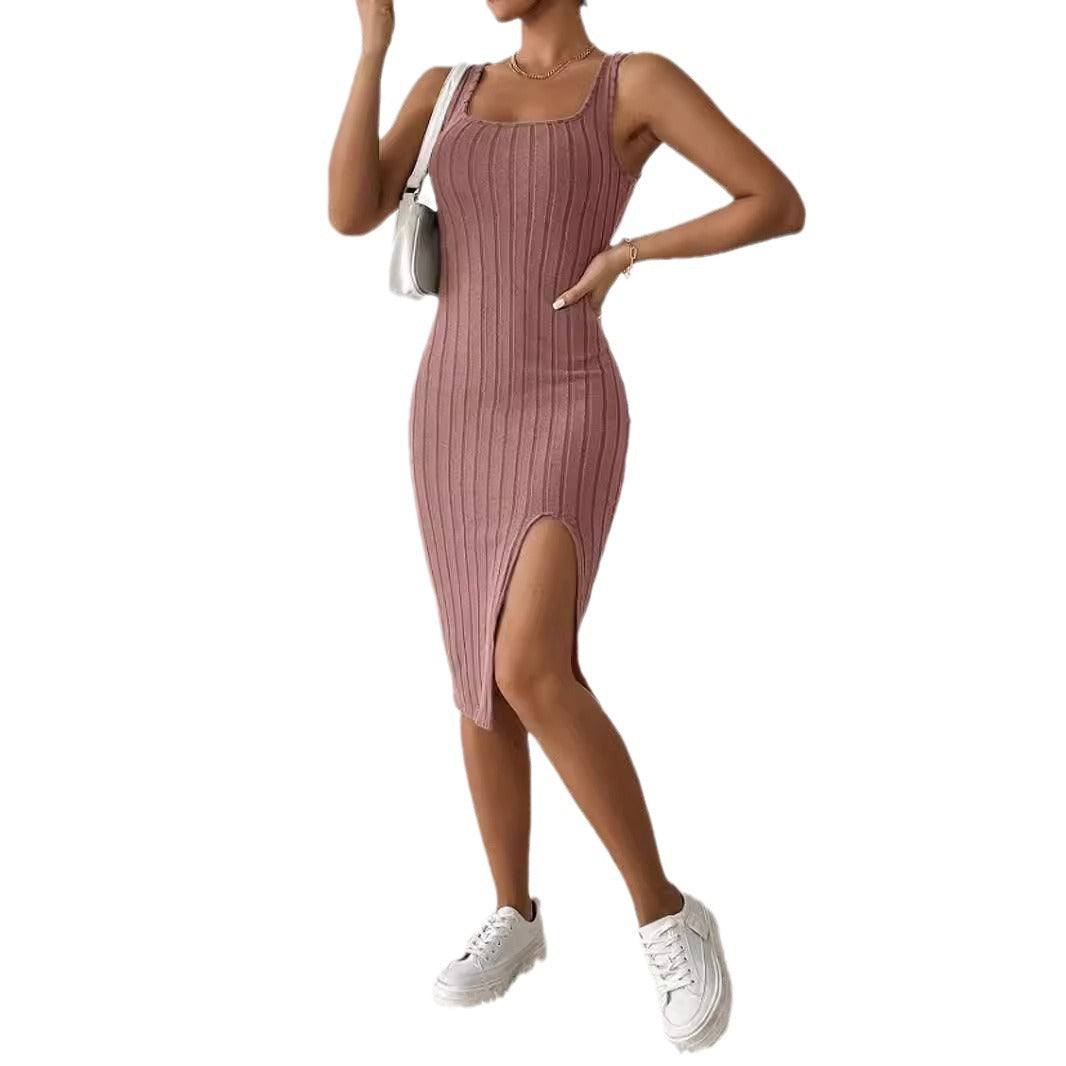Robe moulante à côtes pour femmes avec fente latérale et décolleté carré Chic und Stil