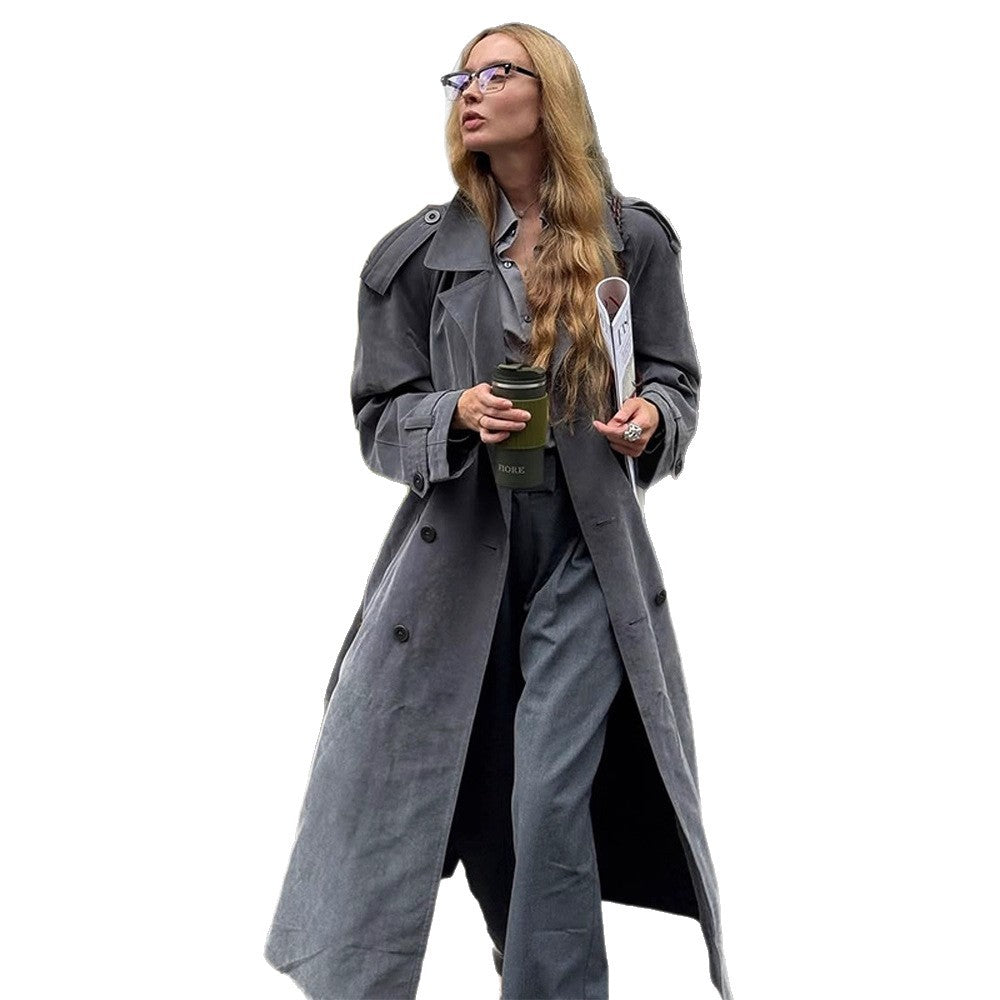 Dames élégant long trench-coat avec design texturé et large revers Chic und Stil