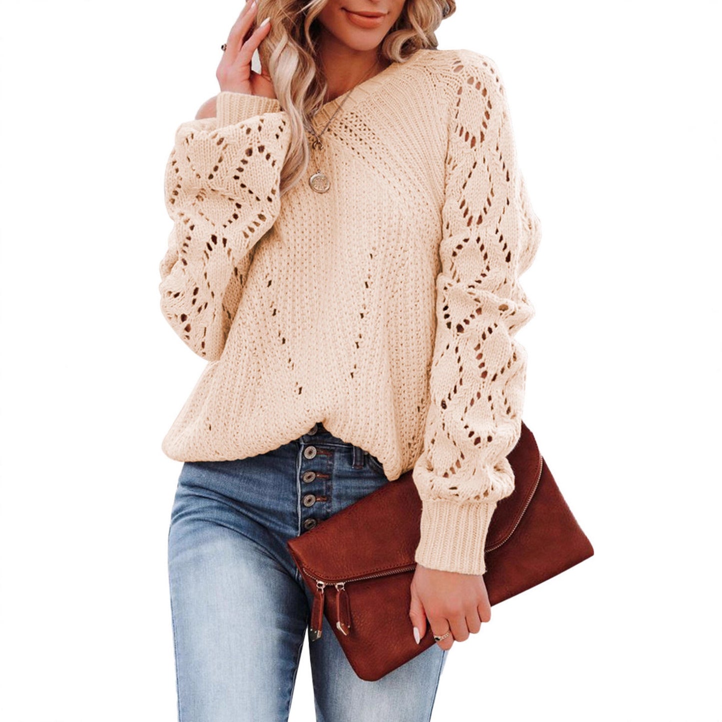 Pull en tricot pour femmes avec un élégant motif ajouré et des manches volumineuses Chic und Stil