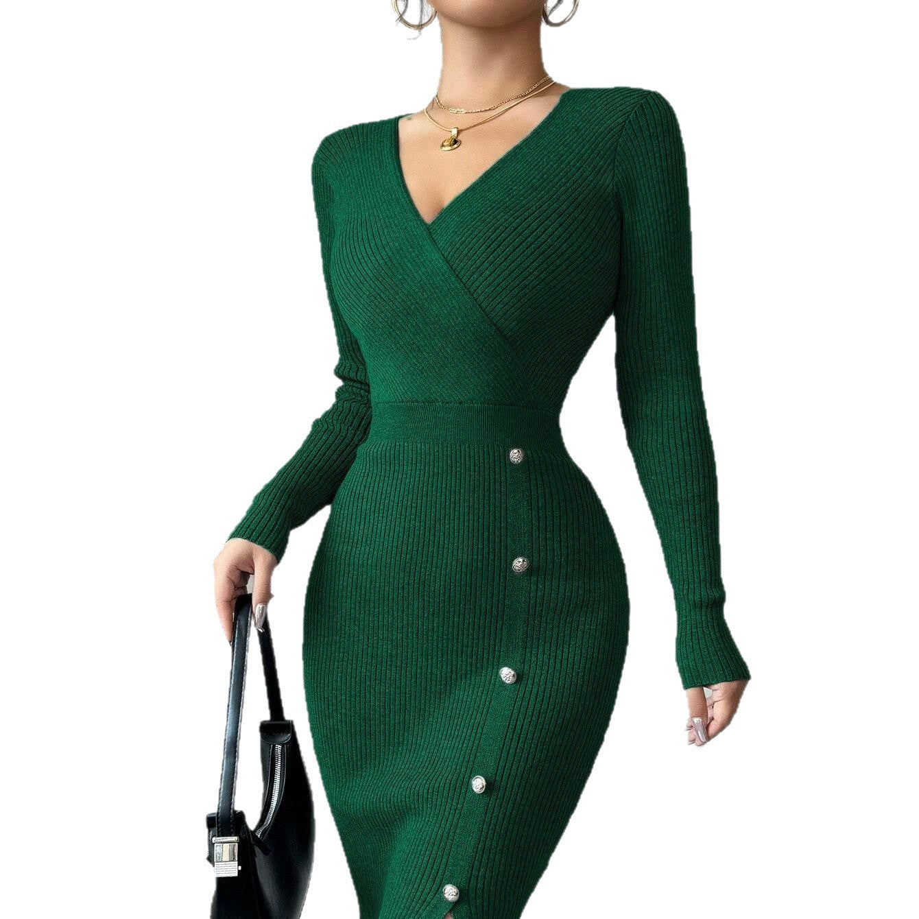 Robe tricotée pour femmes avec décolleté en V, fente latérale et élégant détail de bouton Chic und Stil