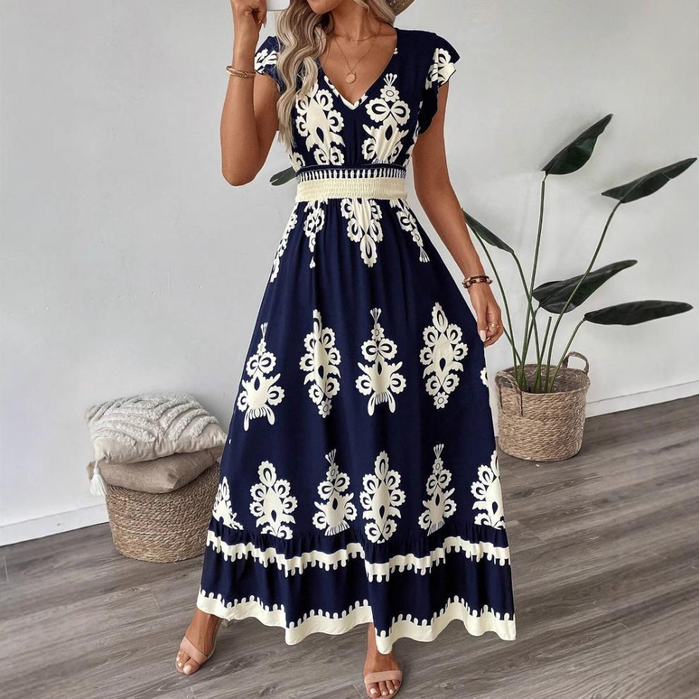 Robe maxi florale bohémienne pour femme à manches courtes Chic und Stil