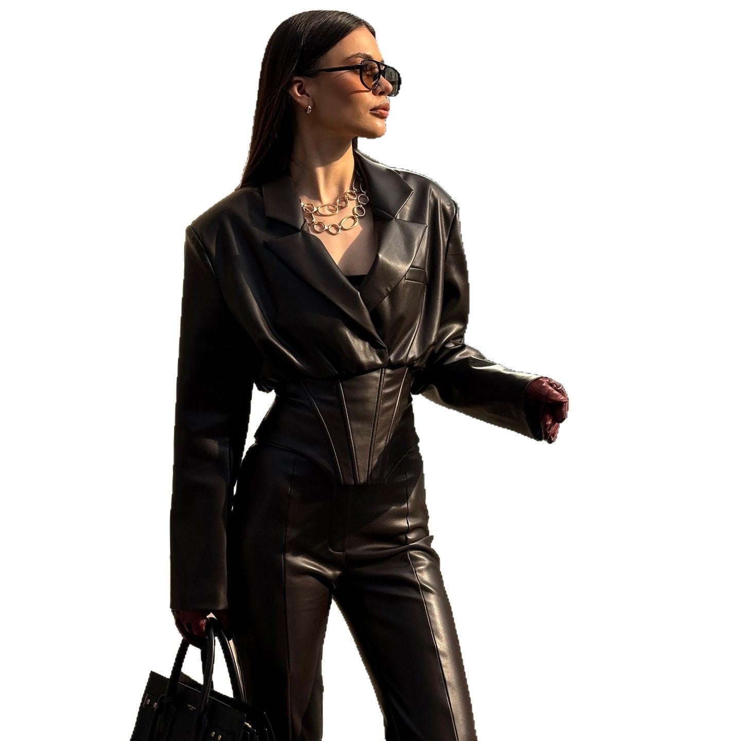 Elegant leather jacket for women with trendy blazer and slim pants