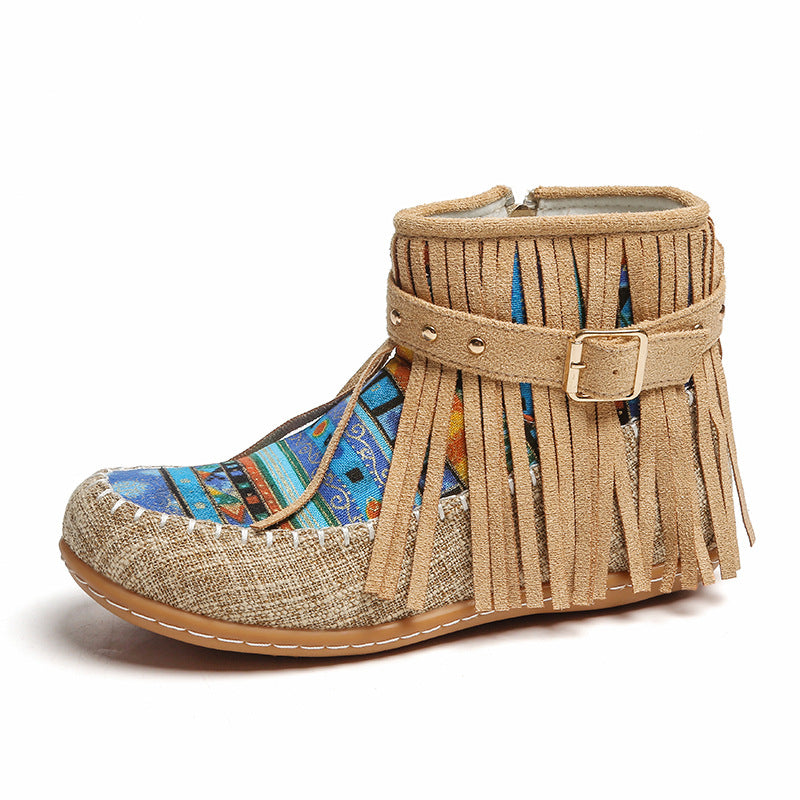 Bottes courtes à franges pour dames en tissu de haute qualité avec un motif ethnique coloré Chic und Stil