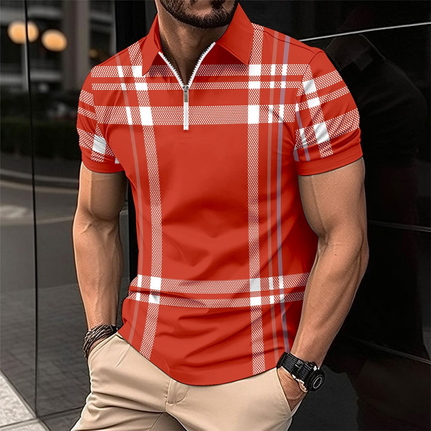 Hommes Polo à carreaux élégant avec ZIP devant Chic und Stil