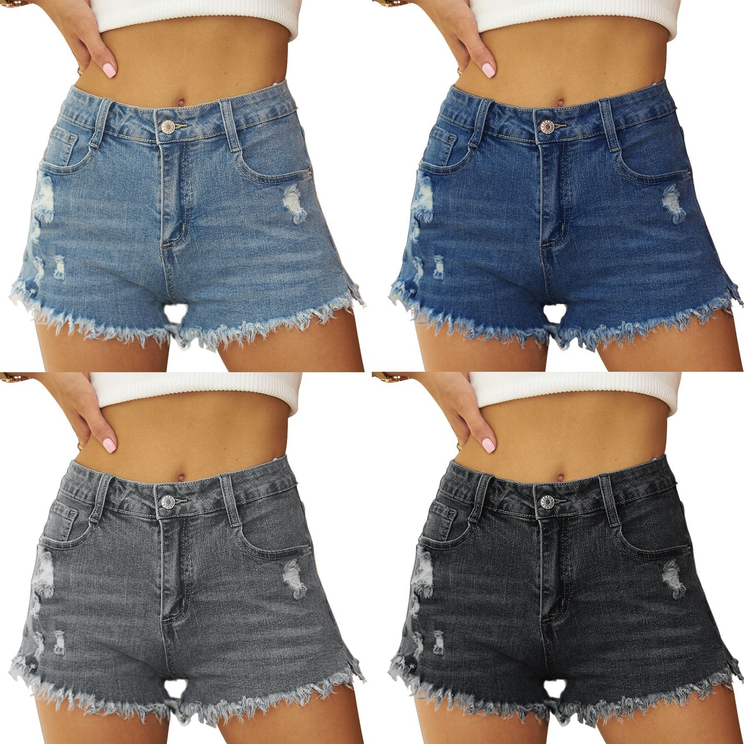 Women's Destroyed Denim Shorts with Frayed Hem and High Waist Chic und Stil