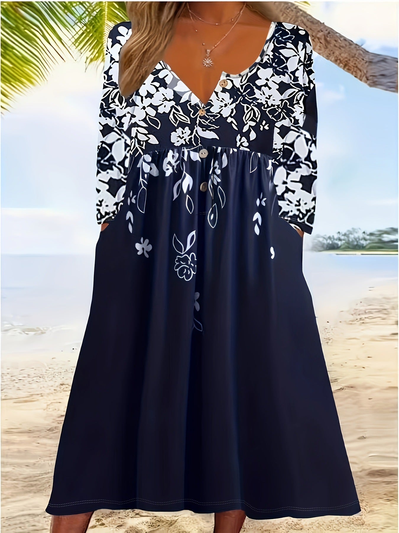 Robe maxi femme avec design floral et détails de boutons élégants Chic und Stil