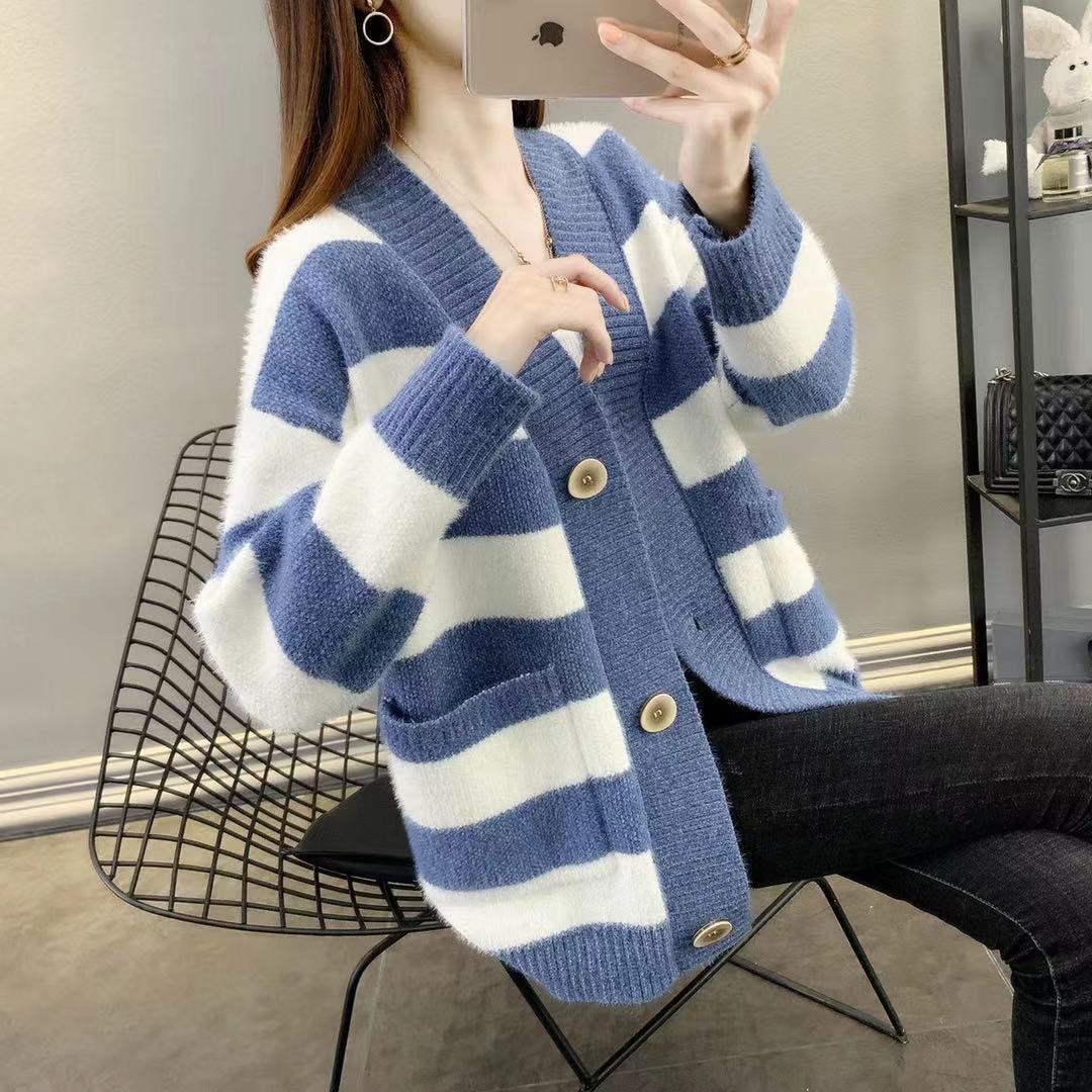 Cardigan en tricot épais pour femmes avec rayures bretonnes et poches pratiques Chic und Stil