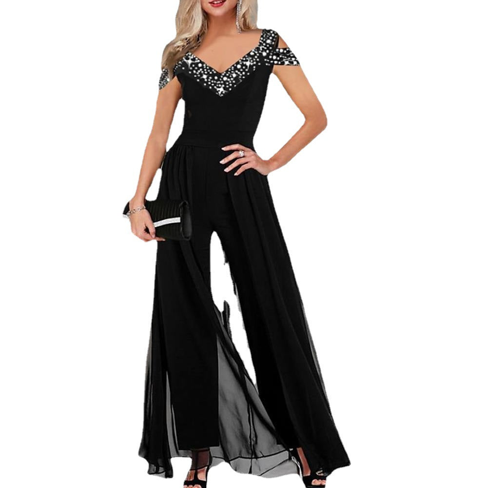 Women Elegant Chiffon Jumpsuit with Chic Sequin Top and Style