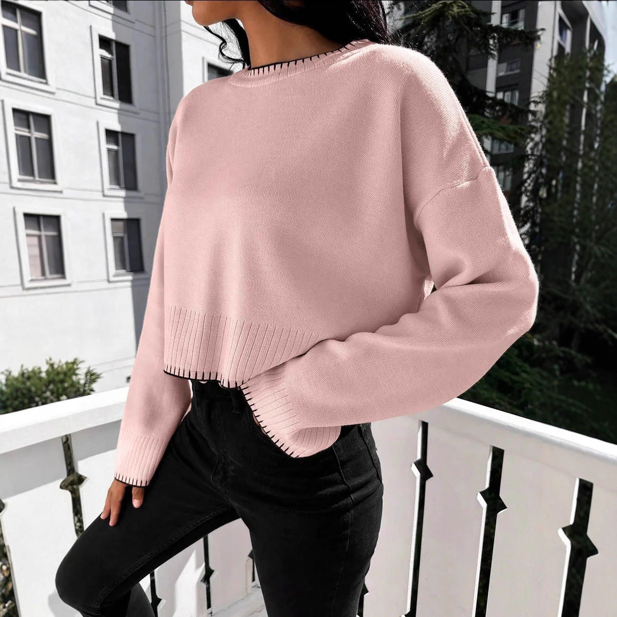 Pull en tricot décontracté pour femmes avec ourlet côtelé et épaules tombantes Chic und Stil