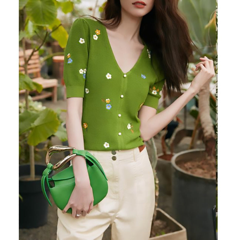 Gilets tricotés à manches courtes brodés pour femmes Chic und Stil