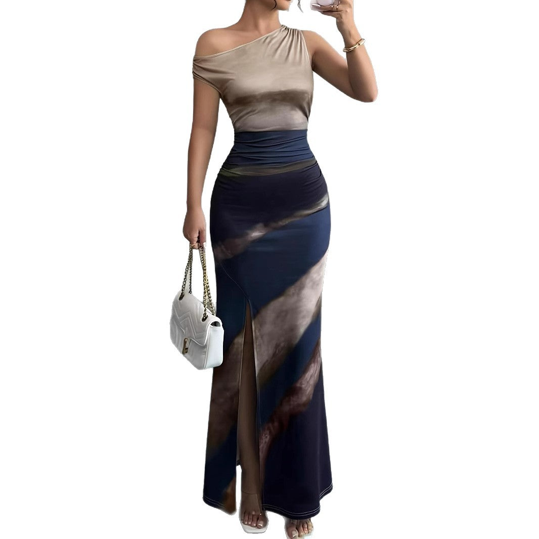 Dames Robe Maxi Élégante avec décolleté asymétrique et fente latérale Chic und Stil