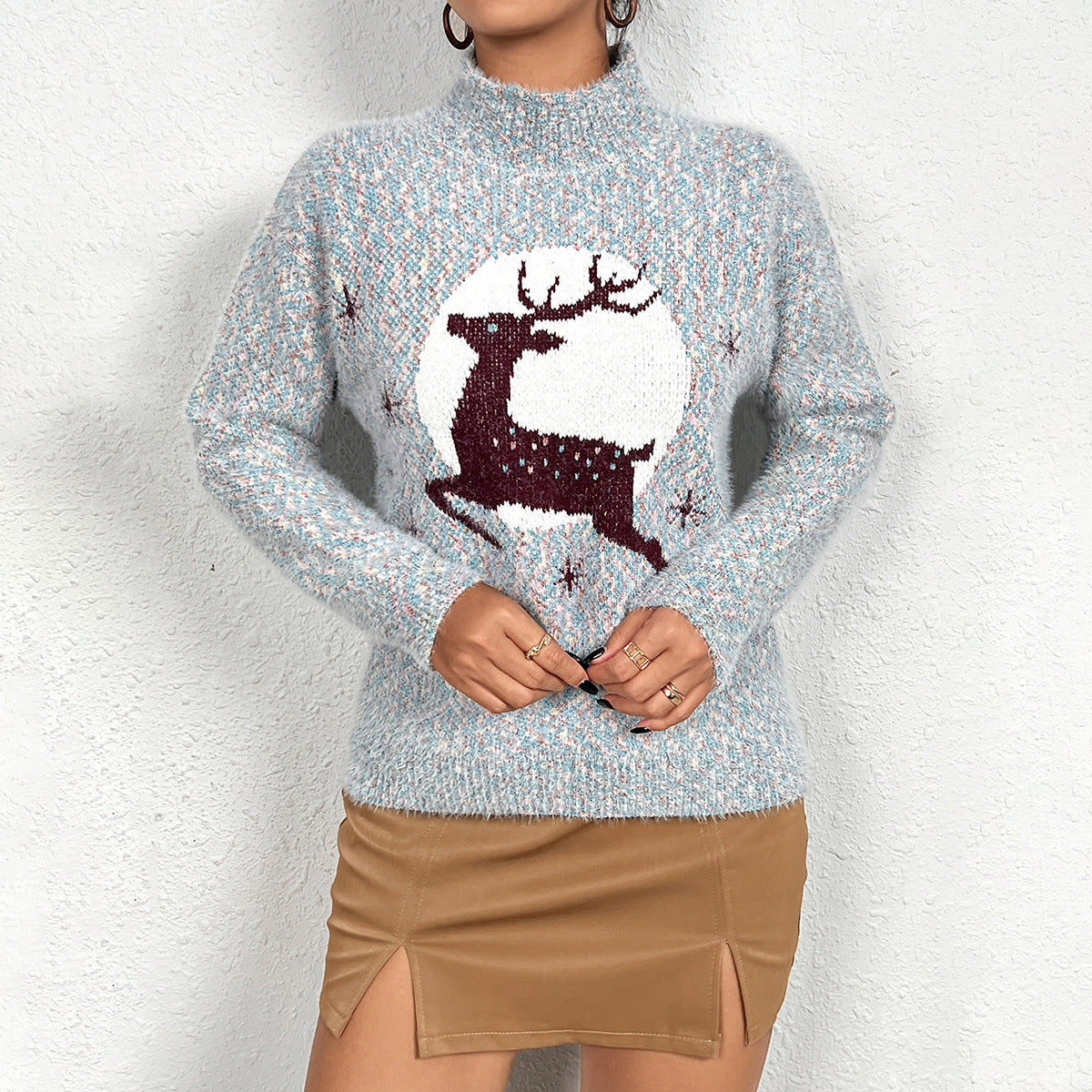 Pull en tricot pour femmes avec motif de renne festif et col montant Chic und Stil