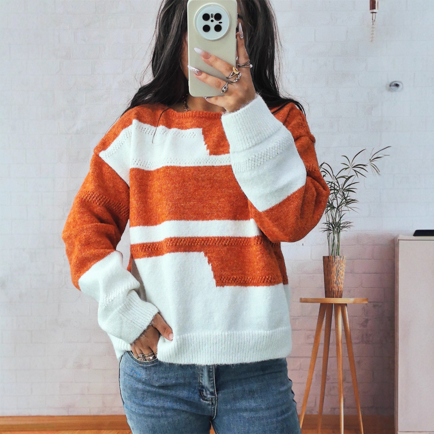 Pull en grosse maille pour femmes avec un motif rayé à la mode et une coupe ample Chic und Stil