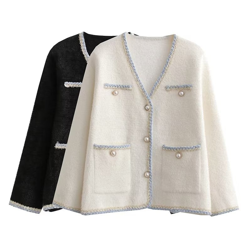 Cardigan élégant en tricot pour femmes avec des boutons décoratifs en perles et des poches pratiques Chic und Stil
