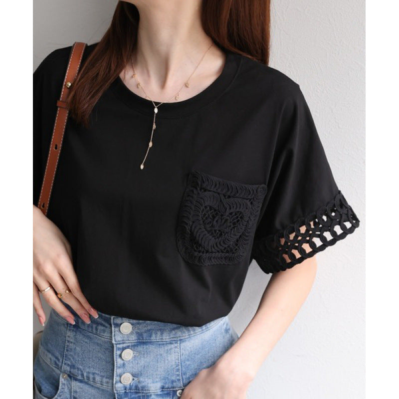T-shirt femmes avec dentelle au crochet et poches Chic und Stil