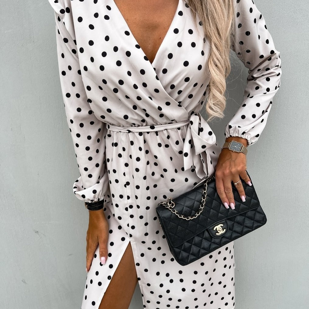 Women's Polka Dot Wrap Dress with High Slit Chic and Style