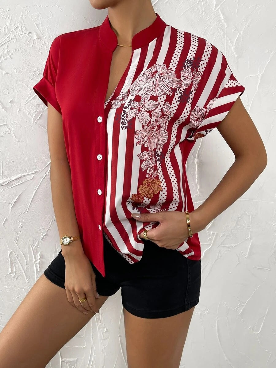 Blouse à boutons élégante pour femmes avec patchwork floral Chic und Stil