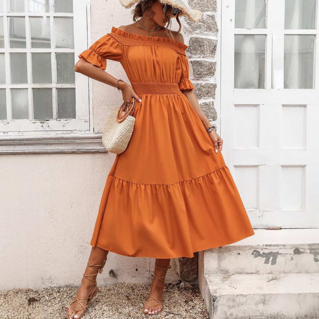 Robe maxi off-shoulder pour dames avec volants et ceinture élastique à la taille Chic und Stil