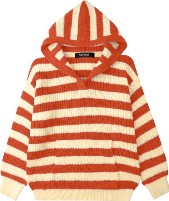 Dames Pull en tricot confortable avec capuche et motif rayé Chic und Stil