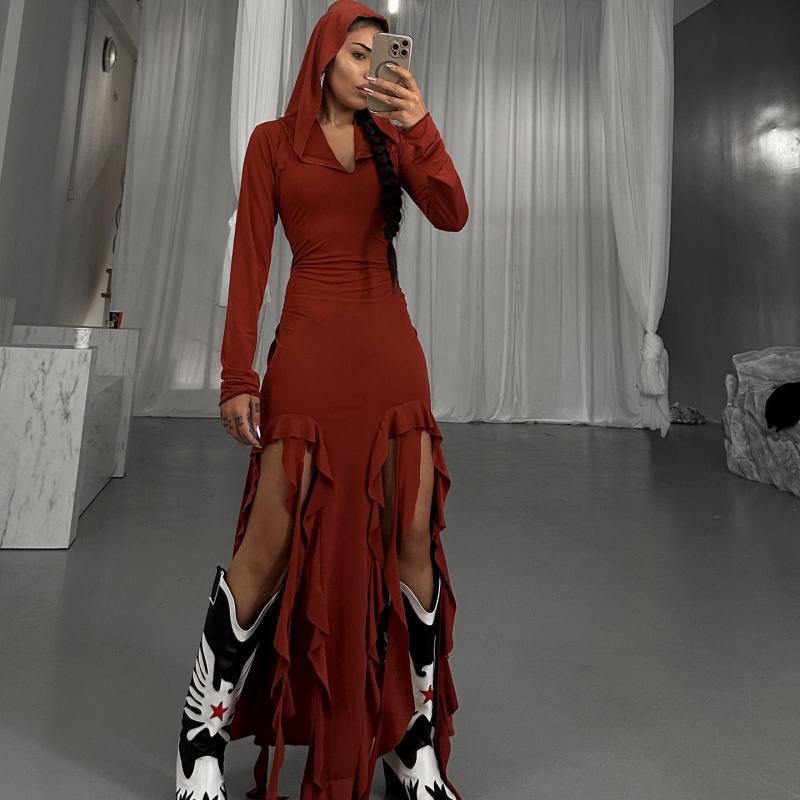Robe maxi à manches longues pour femmes avec capuche et détails en volants Chic und Stil