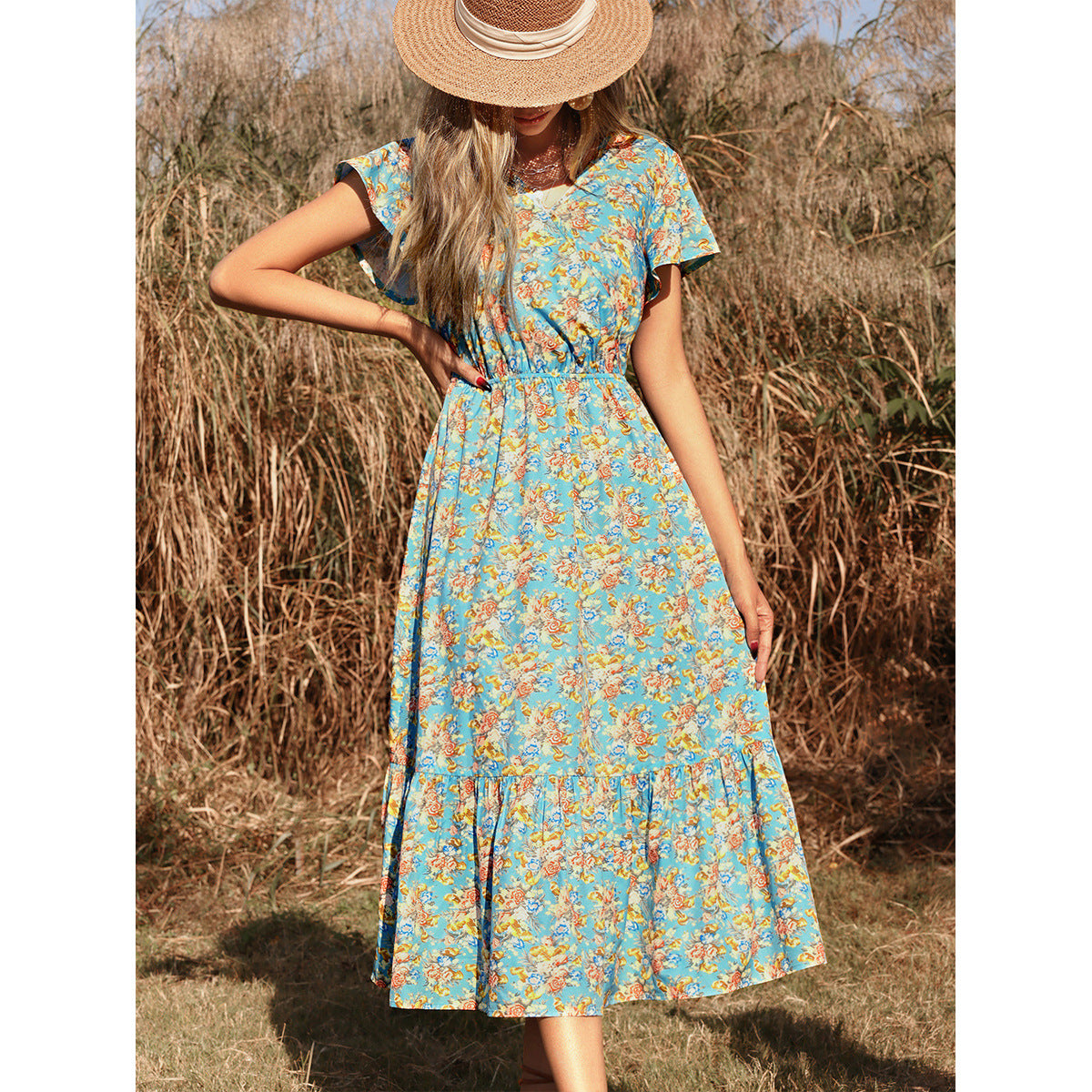 Robe maxi d'été pour femmes avec des motifs floraux et un insert élastique à la taille Chic und Stil