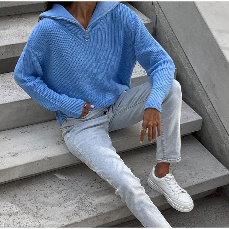 Femmes Pull de haute qualité avec col moderne et fermeture éclair Chic und Stil
