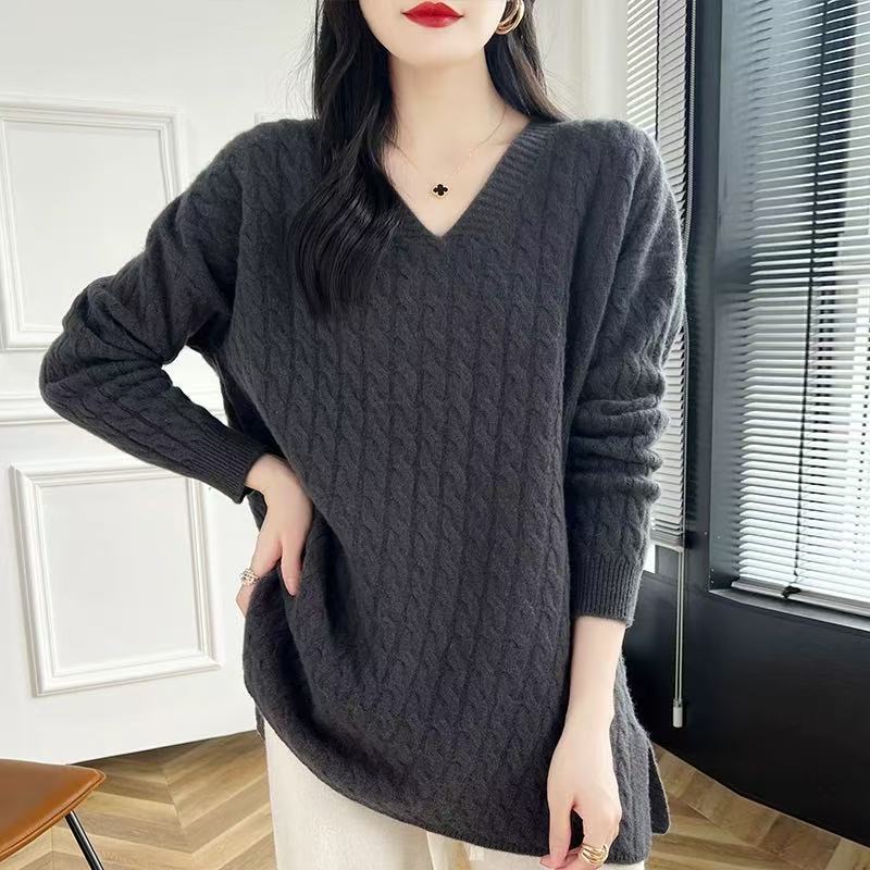 Femme pull en grosse maille avec décolleté en V et coupe décontractée Chic und Stil
