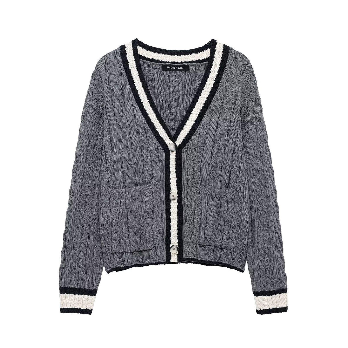 Knit jacket for women with V-neck and decorative cable patterns Chic and Style