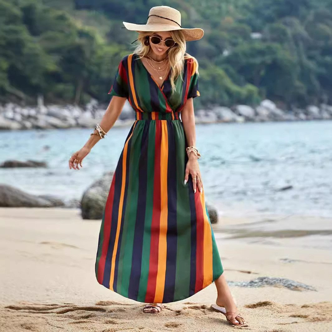 Robe maxi rayée pour femmes avec fente haute et nœud à la taille Chic und Stil