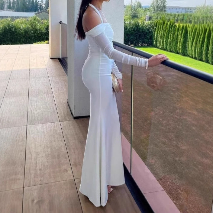 Dames Élégant Robe Maxi Off-Shoulder avec Minces Bretelles en Spaghetti et Manches Transparentes Chic und Stil