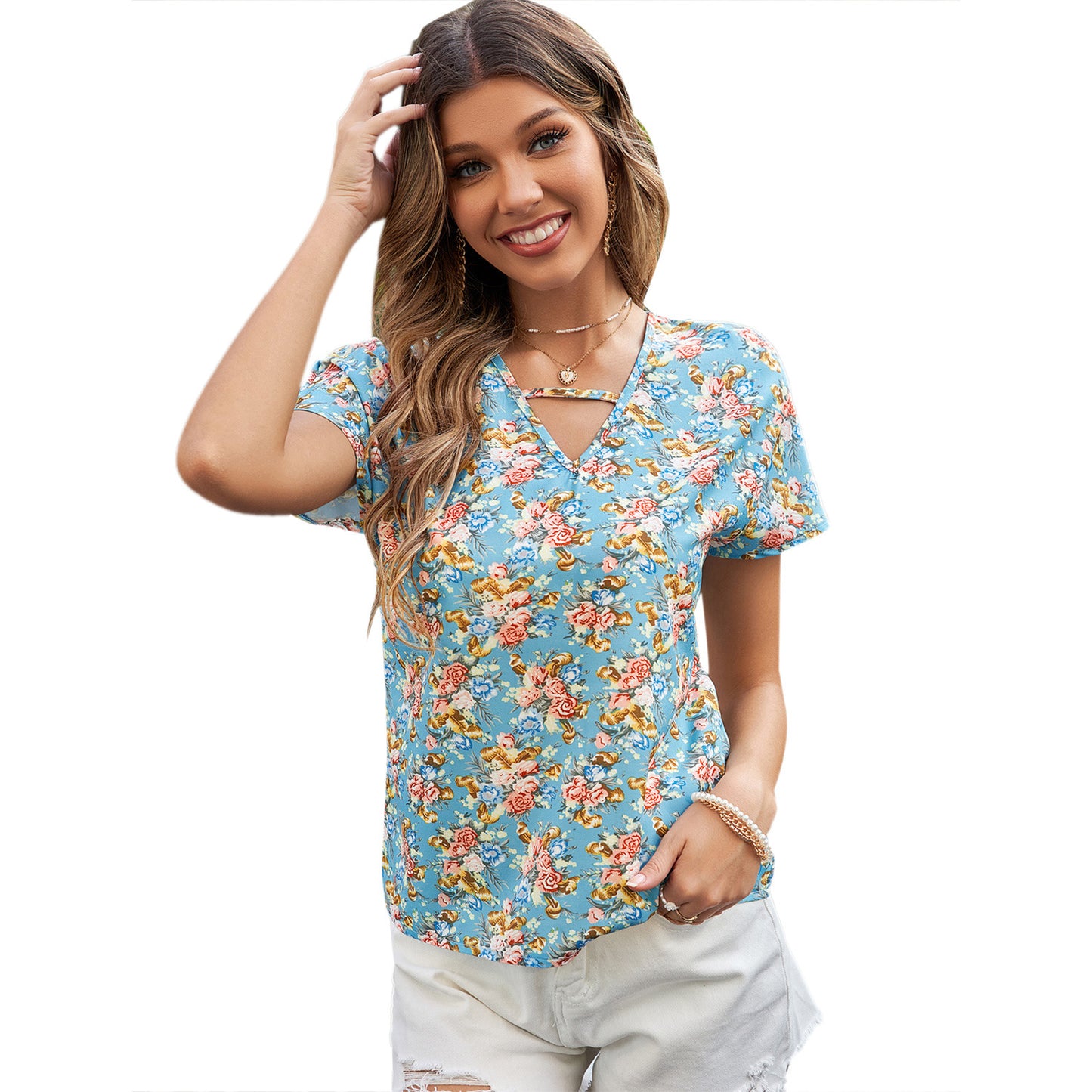 Top blouse pour femmes avec design floral et décolleté en V Chic und Stil
