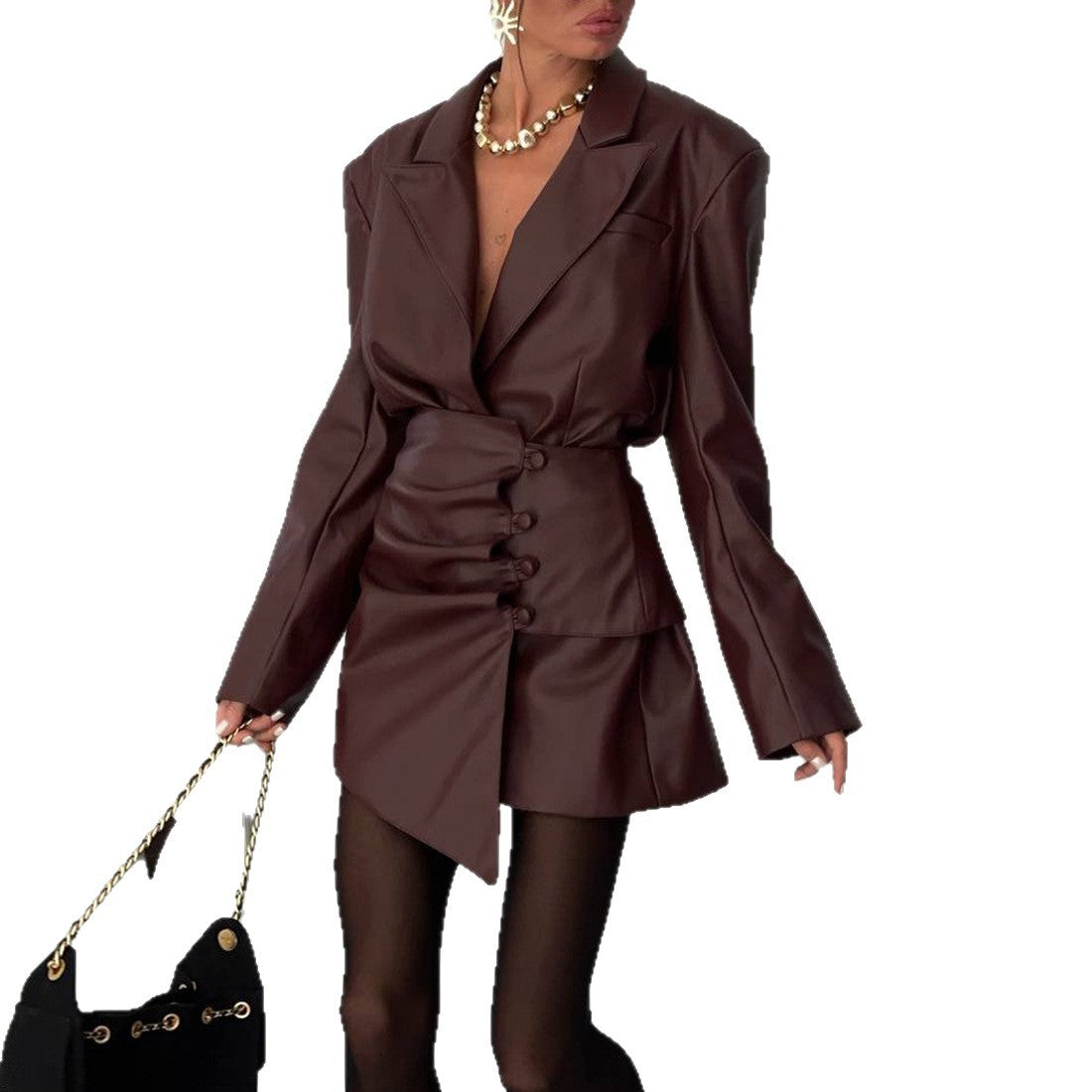 Dames Élégant et ajusté ensemble de blazer en simili cuir et jupe Chic und Stil