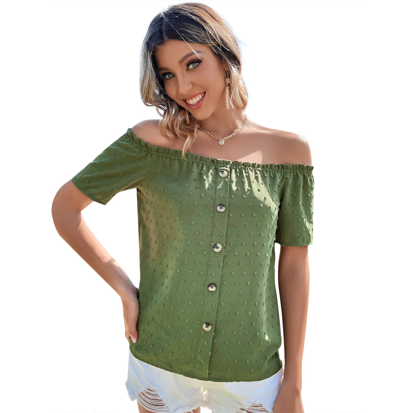 Blouse Femme Off-Shoulder avec Détails de Bouton et Décolleté à Volants Chic und Stil