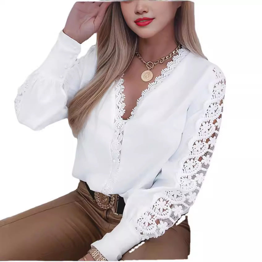 Chemisier élégant pour femme avec des applications en dentelle et décolleté en V Chic und Stil