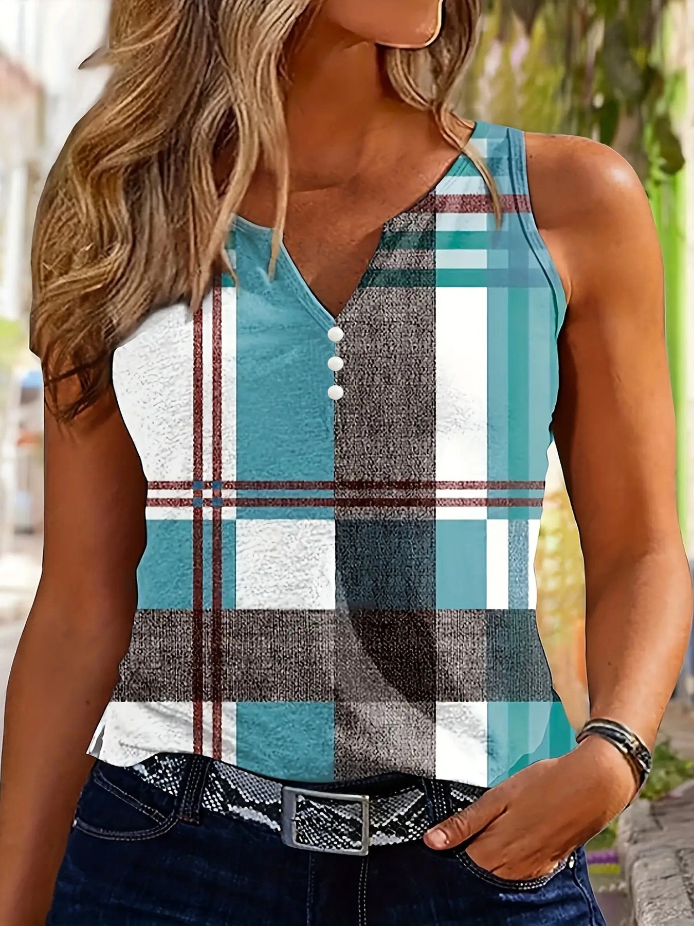 Top sans manches pour femmes à col en V avec détail de bouton décoratif et motif à carreaux moderne Chic und Stil
