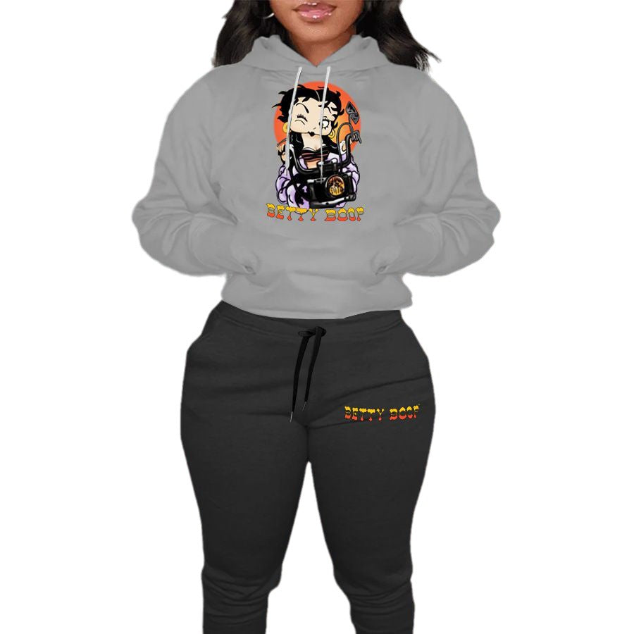Dames ensemble moderne sweater à capuche et pantalon de jogging décontracté avec impression artistique de dessin animé Chic und Stil