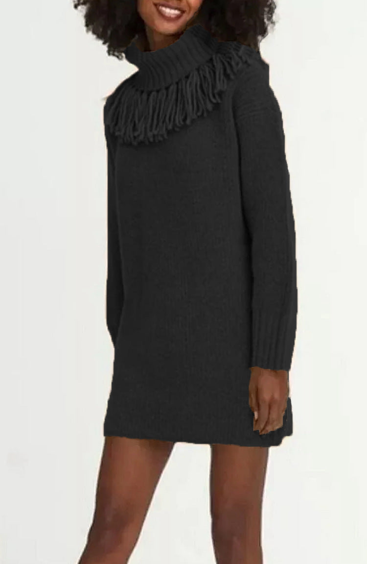 Robe tricotée pour femmes avec bord à franges décoratives et col roulé haut Chic und Still