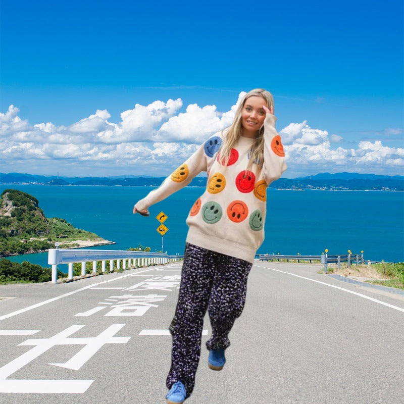 Pull over décontracté pour femmes avec un imprimé de smileys joyeux Chic und Stil