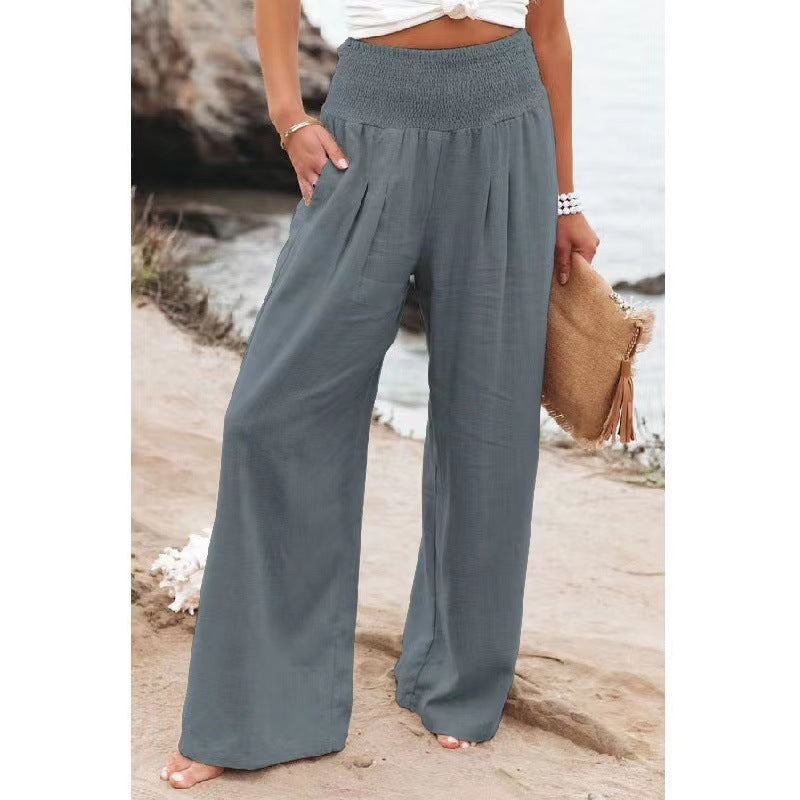 Pantalon d'été pour femmes, coupe large, avec taille élastique et détails de resserrement Chic und Stil