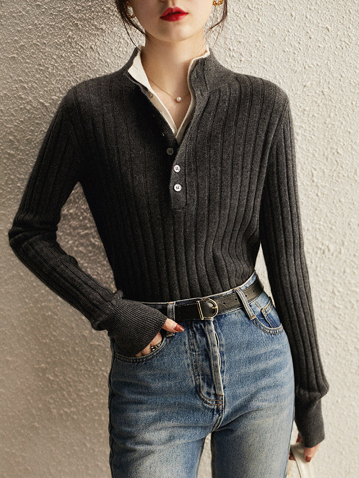 Haut en tricot Henley côtelé pour femmes Chic und Stil
