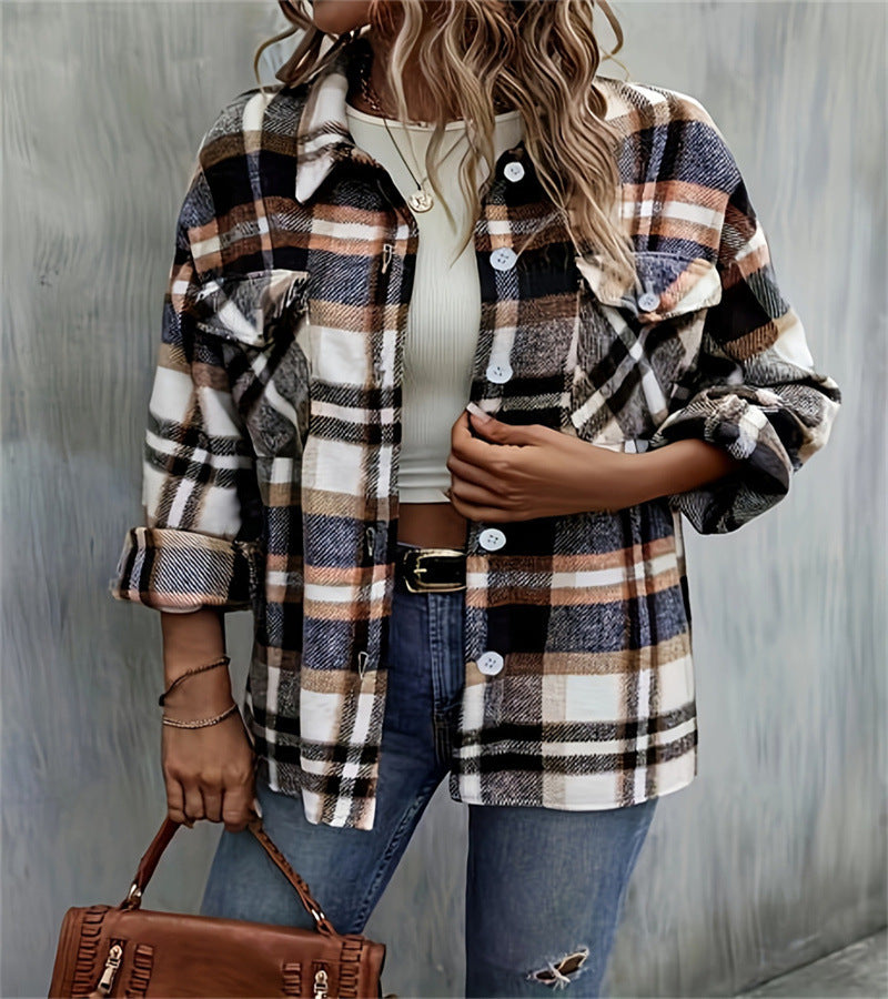 Veste en flanelle à carreaux pour femmes avec poches et boutonnière de bon goût Chic und Stil