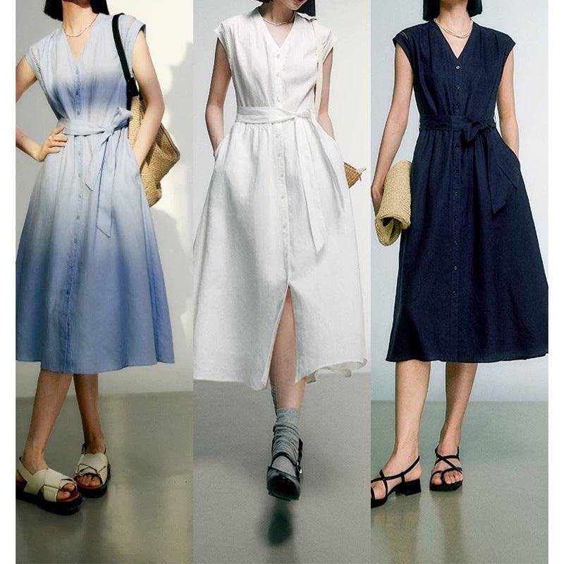 Robe midi à manches boutonnées pour femme avec taille à nouer Chic und Stil